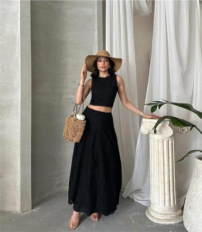 Black Sleeveless Hollow Out Crop Tops Pleated Causal Women Two Pieces Skirt Sets
