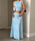 Blue Sleeveless Hollow Out Crop Tops Pleated Causal Women Two Pieces Skirt Sets