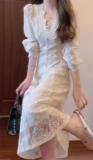 Apricot Long Sleeve Lace Pure Sexy French Styles Luxury Women Evening Long Dress