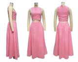 Pink Sleeveless Hollow Out Crop Tops Pleated Causal Women Two Pieces Skirt Sets