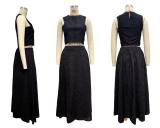 Black Sleeveless Hollow Out Crop Tops Pleated Causal Women Two Pieces Skirt Sets