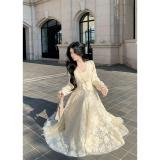 Apricot Long Sleeve Lace Pure Sexy French Styles Luxury Women Birthday Long Dress