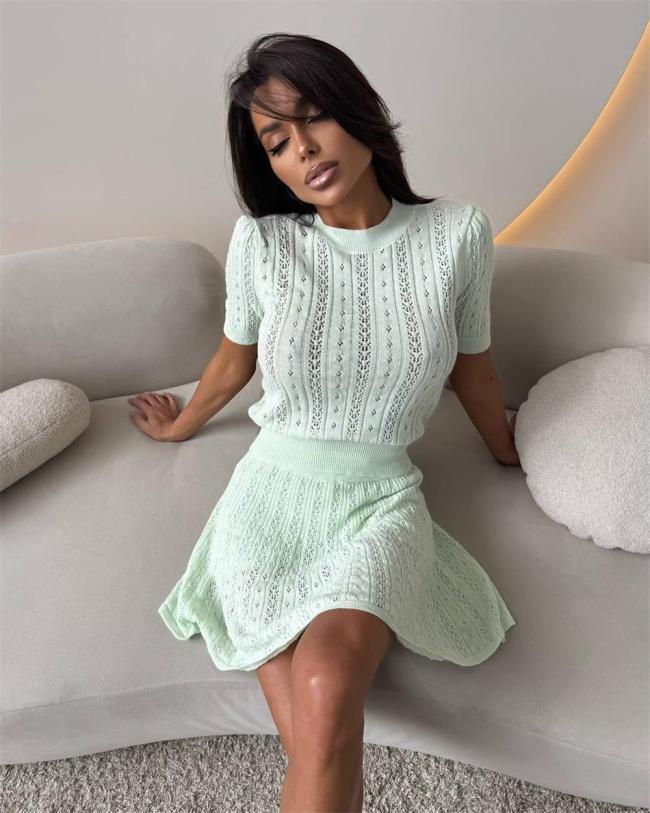 Green Two Pieces Short Sleeve Knitted Sexy Hollow Out Tops with High Waist Mini Skirt Dress