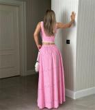 Pink Sleeveless Hollow Out Crop Tops Pleated Causal Women Two Pieces Skirt Sets