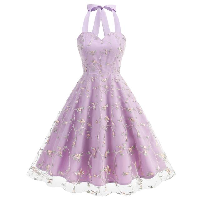 Purple Luxury Sleeveless Strap Dress Gown Mesh Embroidered Elegant Fashion Skirt