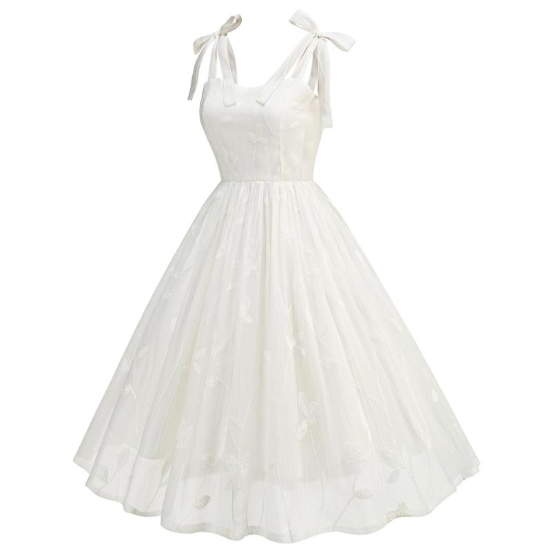 White Straps Lace Sling Embroidery Party Women Formal Midi Dress