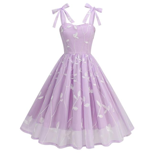 Purple Straps Lace Sling Embroidery Party Women Formal Midi Dress