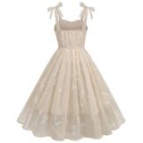 Apricot Straps Lace Sling Embroidery Party Women Formal Midi Dress