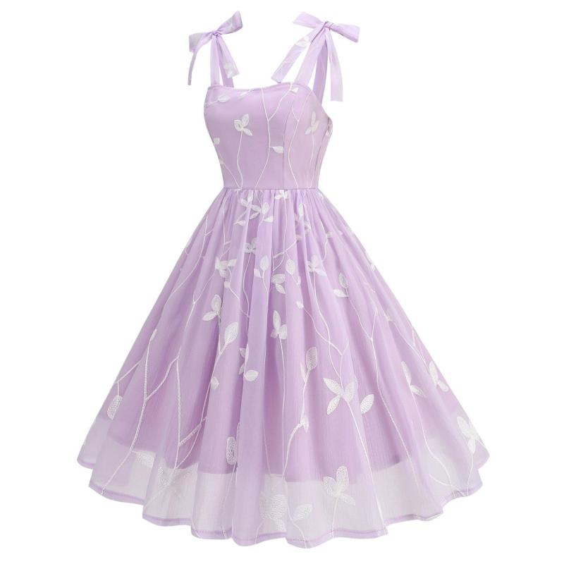 Purple Straps Lace Sling Embroidery Party Women Formal Midi Dress