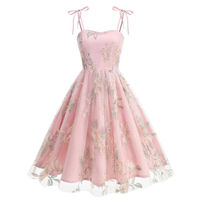 Pink Luxury Sleeveless Strap Dress Gown Mesh Embroidered Elegant Fashion Skirt