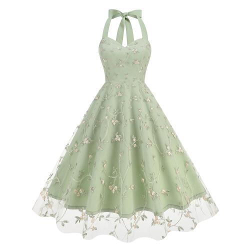 Green Luxury Sleeveless Strap Dress Gown Mesh Embroidered Elegant Fashion Skirt