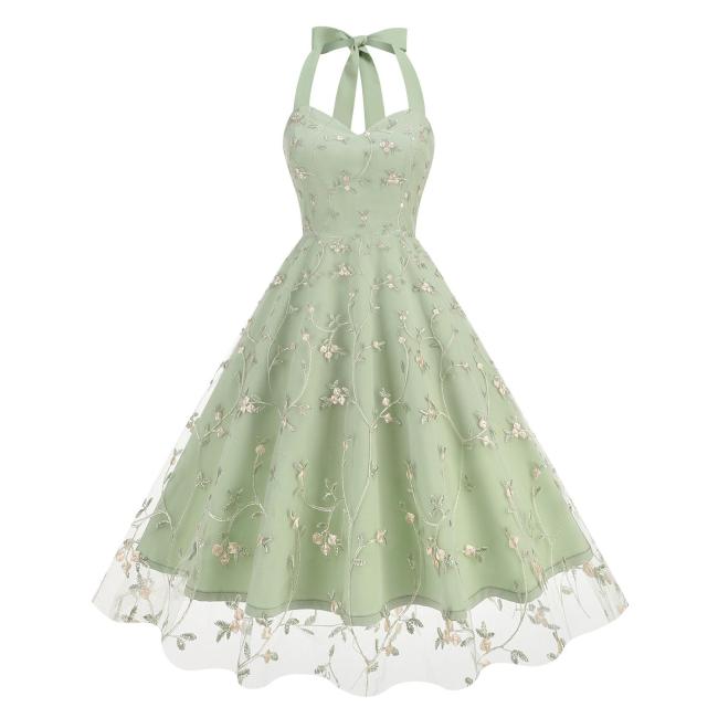 Green Luxury Sleeveless Strap Dress Gown Mesh Embroidered Elegant Fashion Skirt