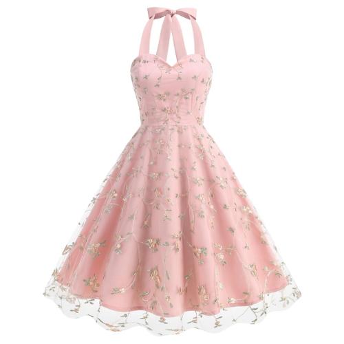 Pink Luxury Sleeveless Strap Dress Gown Mesh Embroidered Elegant Fashion Skirt