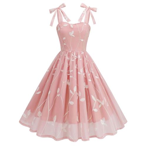 Pink Straps Lace Sling Embroidery Party Women Formal Midi Dress