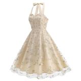 Apricot Luxury Sleeveless Strap Dress Gown Mesh Embroidered Elegant Fashion Skirt