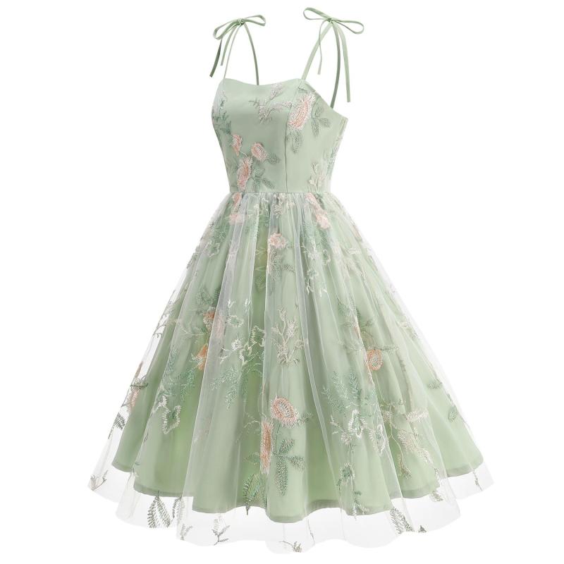 Green Luxury Sleeveless Strap Dress Gown Mesh Embroidered Elegant Fashion Skirt