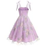 Purple Luxury Sleeveless Strap Dress Gown Mesh Embroidered Elegant Fashion Skirt