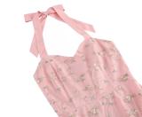 Pink Luxury Sleeveless Strap Dress Gown Mesh Embroidered Elegant Fashion Skirt