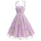 Purple Luxury Sleeveless Strap Dress Gown Mesh Embroidered Elegant Fashion Skirt