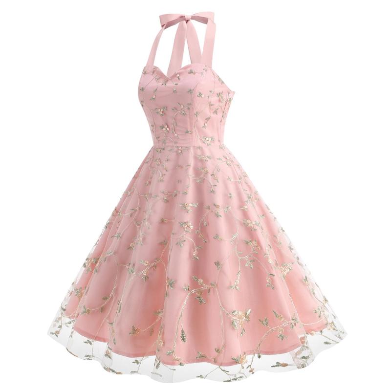Pink Luxury Sleeveless Strap Dress Gown Mesh Embroidered Elegant Fashion Skirt
