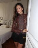 Brown Fashion Elegant Commuter Lace Crochet Collar Slim-fit Design Sense Shirt Women Tops