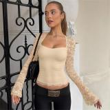 Apricot Lace Hollow Out Sleeve Patchwork Bodycon Women Fashion Tops