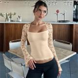 Apricot Lace Hollow Out Sleeve Patchwork Bodycon Women Fashion Tops