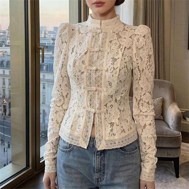 Apricot Fashion Elegant Commuter Lace Crochet Collar Slim-fit Design Sense Shirt Women Tops