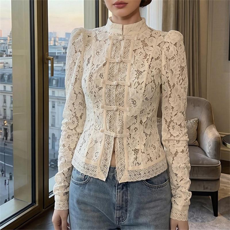Apricot Fashion Elegant Commuter Lace Crochet Collar Slim-fit Design Sense Shirt Women Tops
