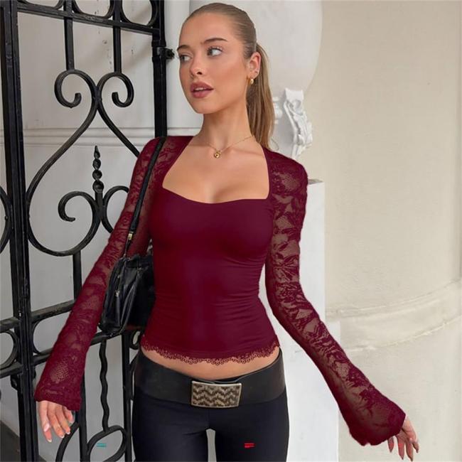 WineRed Lace Hollow Out Sleeve Patchwork Bodycon Women Fashion Tops