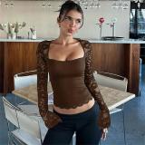 Brown Lace Hollow Out Sleeve Patchwork Bodycon Women Fashion Tops