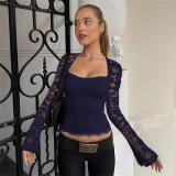Royal Blue Lace Hollow Out Sleeve Patchwork Bodycon Women Fashion Tops