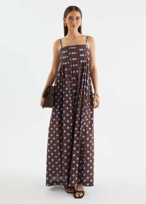 Brown Straps Printed Polka Dot Pleated Fashion Women Vacation Maxi Dress