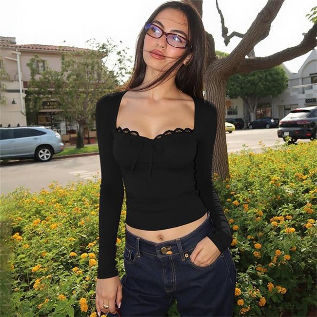 Black Long Sleeve Lace Square Neck Lace Up Sexy Hot Girl's T-Skirt Tops