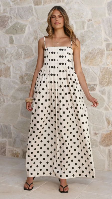 White Straps Printed Polka Dot Pleated Fashion Women Vacation Maxi Dress