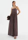 Brown Straps Printed Polka Dot Pleated Fashion Women Vacation Maxi Dress