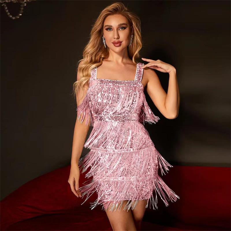 Pink Straps Square Neck Sequins Tassels Bodycon Mini Party Dress