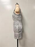 Silver Straps Square Neck Sequins Tassels Bodycon Mini Party Dress