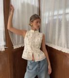 Apricot Sleeveless Lace Crochet Stand Collar Fashion Women Vest Tops