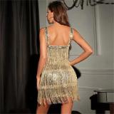 Golden Straps Square Neck Sequins Tassels Bodycon Mini Party Dress