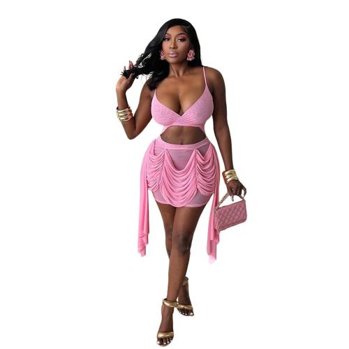 Pink Sexy Mesh Straps V Neck Pleated Party Mini Dress
