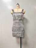 Silver Straps Square Neck Sequins Tassels Bodycon Mini Party Dress