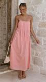 Pink Pleated Boat Neck Vacation Fashion Summer Maxi Dress