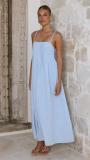 Blue Pleated Boat Neck Vacation Fashion Summer Maxi Dress