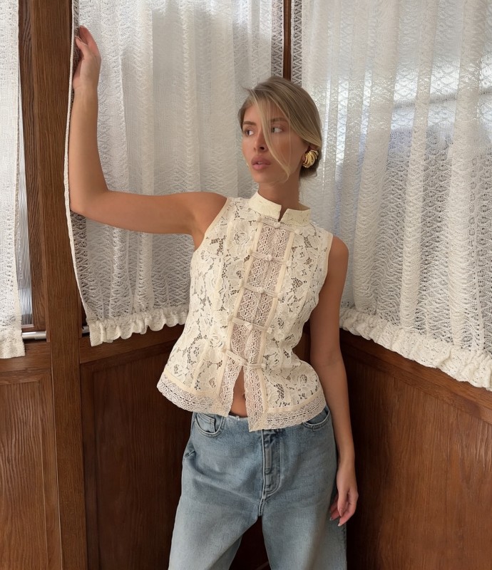 Apricot Sleeveless Lace Crochet Stand Collar Fashion Women Vest Tops