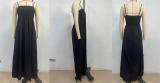 Black Pleated Boat Neck Vacation Fashion Summer Maxi Dress