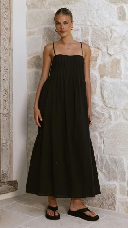 Black Pleated Boat Neck Vacation Fashion Summer Maxi Dress