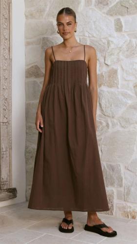 Brown Pleated Boat Neck Vacation Fashion Summer Maxi Dress