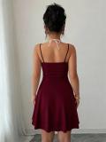 Wine Red Halter V Neck Pleated Ruffles Fashion Sexy Mini Party Dress