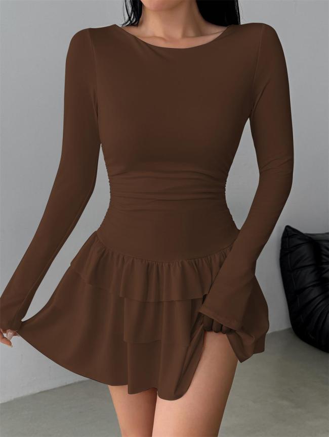 Coffee Long Sleeve Bodycon Pleated Waist Ruffles Sexy Club Mini Dress